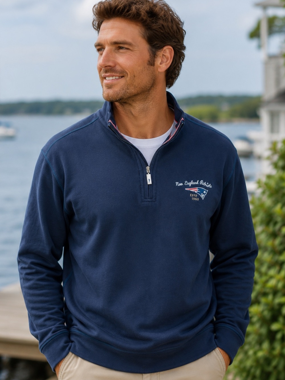 Tommy Bahama Navy Blue Quarter-Zip Sweatshirt with New England Patriots logo